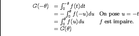 \begin{displaymath}\begin{array}[t]{lll}
G(-\theta)&=\ds\int_0^{-\theta}f(t)dt&...
...eta}f(u)du&f\text{ est impaire.}\\
&=G(\theta)&
\end{array}\end{displaymath}