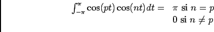 \begin{displaymath}\begin{array}{ll}
\ds\int_{-\pi}^\pi\cos (pt)\cos (nt)dt=&\pi\text{ si }n=p\\
&0\text{ si }n\neq p
\end{array}\end{displaymath}