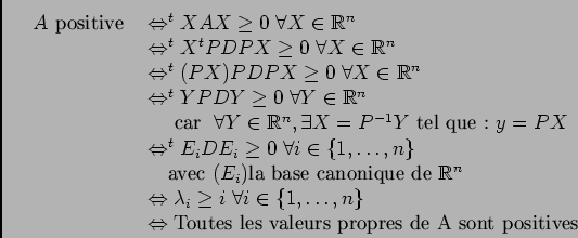 \begin{displaymath}\begin{array}[t]{ll}
A\text{ positive }&\ssi ^tXAX\soe 0\;\ql...
...ext{Toutes les valeurs propres de A sont positives}
\end{array}\end{displaymath}