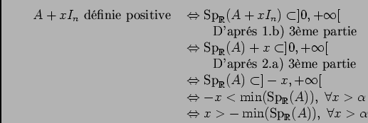 \begin{displaymath}\begin{array}[t]{ll}
A+xI_n\text{ dfinie positive }&\ssi \te...
...t{Sp}_\ensuremath{\mathbb{R}} (A)),\;\qlq x >\alpha
\end{array}\end{displaymath}